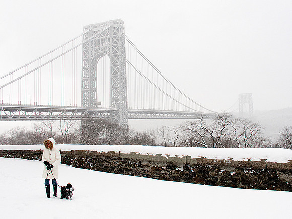 George Washington Bridge and Dog Walker in Winter